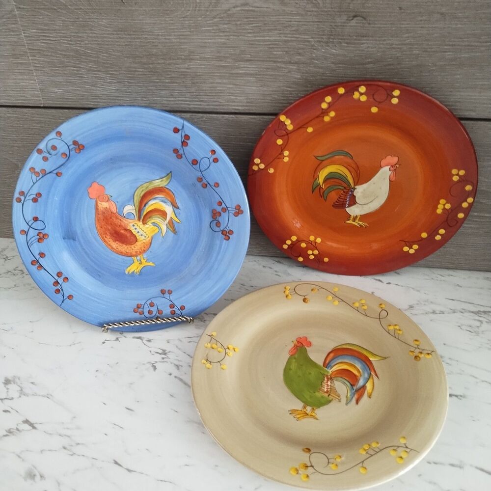 Laurie Gates Somerset Collection Rooster Design Salad Plate Set Of 3 Chickens